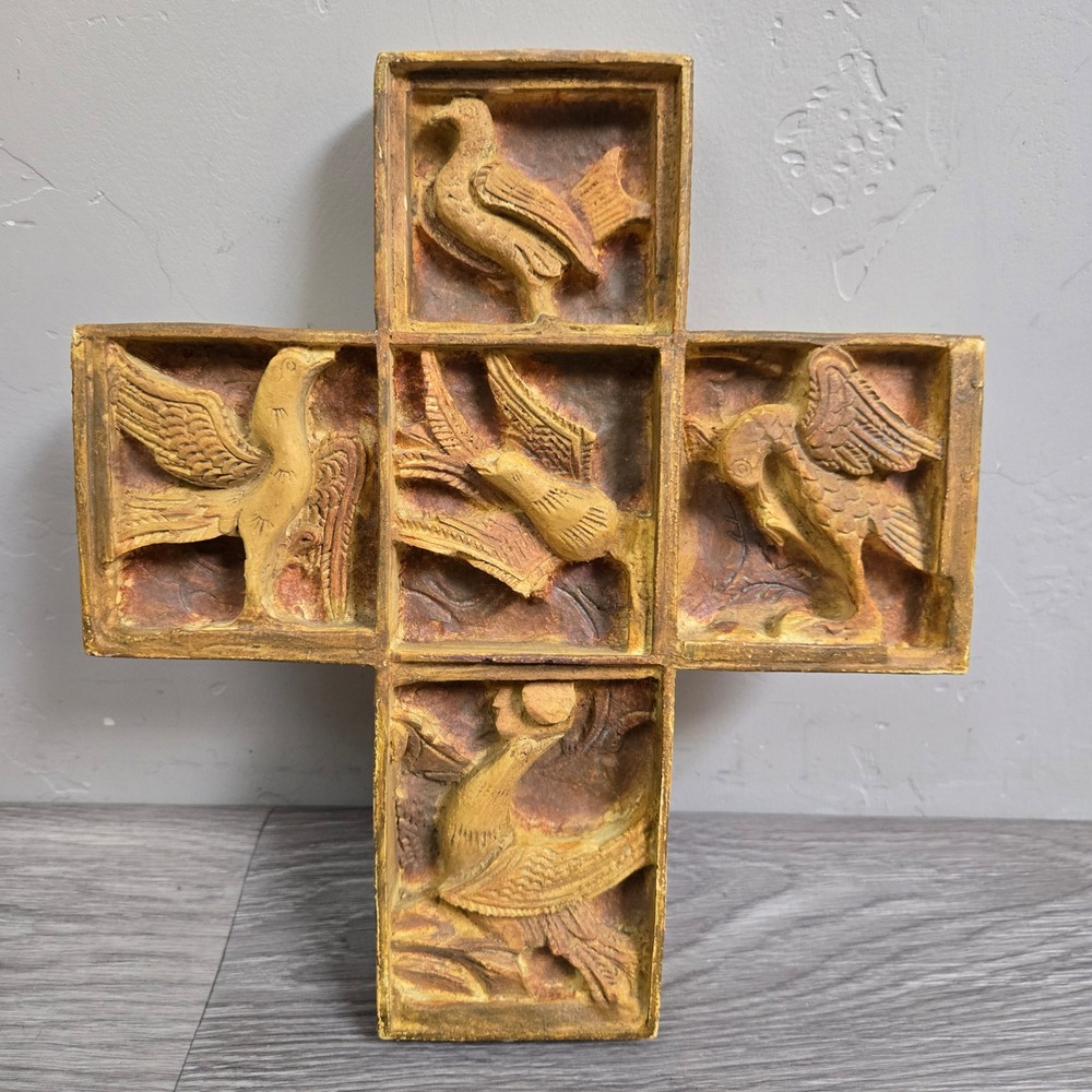 Vintage Wall Cross Bird Dove Relief Carved Grid Rustic Folk Art Decor Detailed